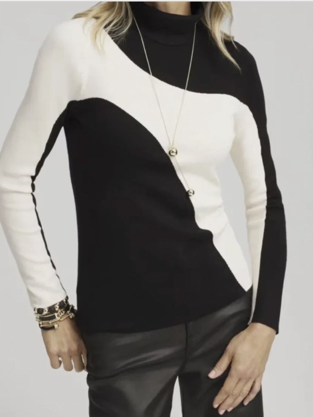 Chico's Black and Cream Color block Turtleneck Sweater- New Without Tags
